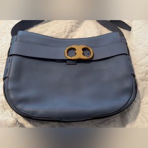 Tory Burch Gemini Link Blue Slate Pebbled Leather Hobo Messenger Style Bag